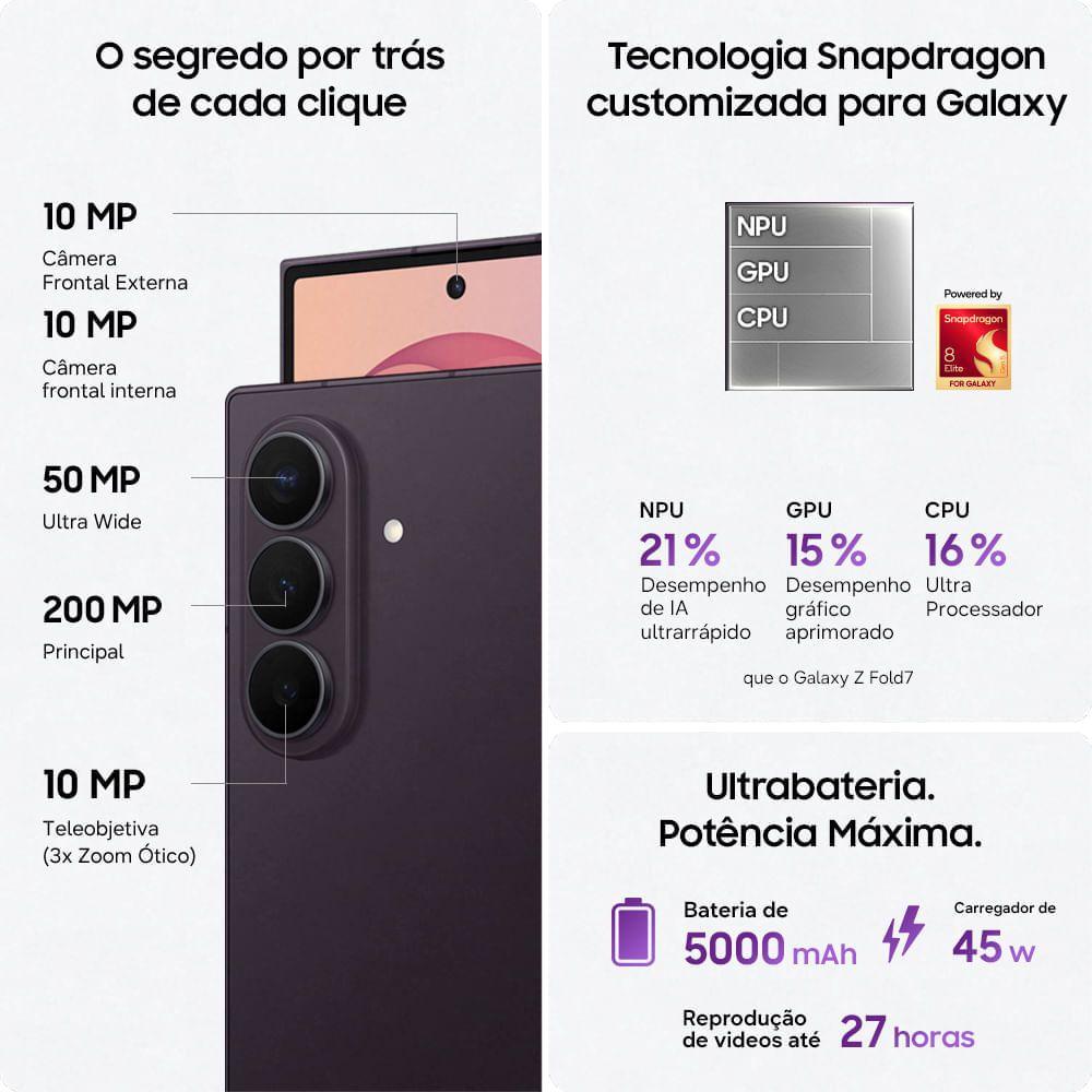 Celular Samsung Galaxy Z Fold8 Ultra 1TB, 16GB RAM, Tela 8.0", Câm. Tras. até 200 MP + Frontal 10MP