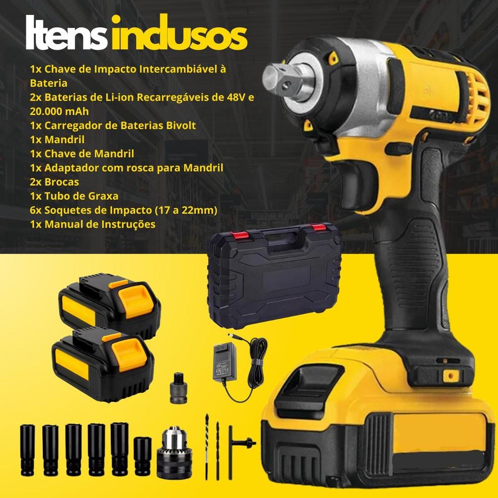 Chave De Impacto Pneumática Parafusadeira Profissional Com 2 Bateria Maleta 48V 4000mAh Bivolt - Importado