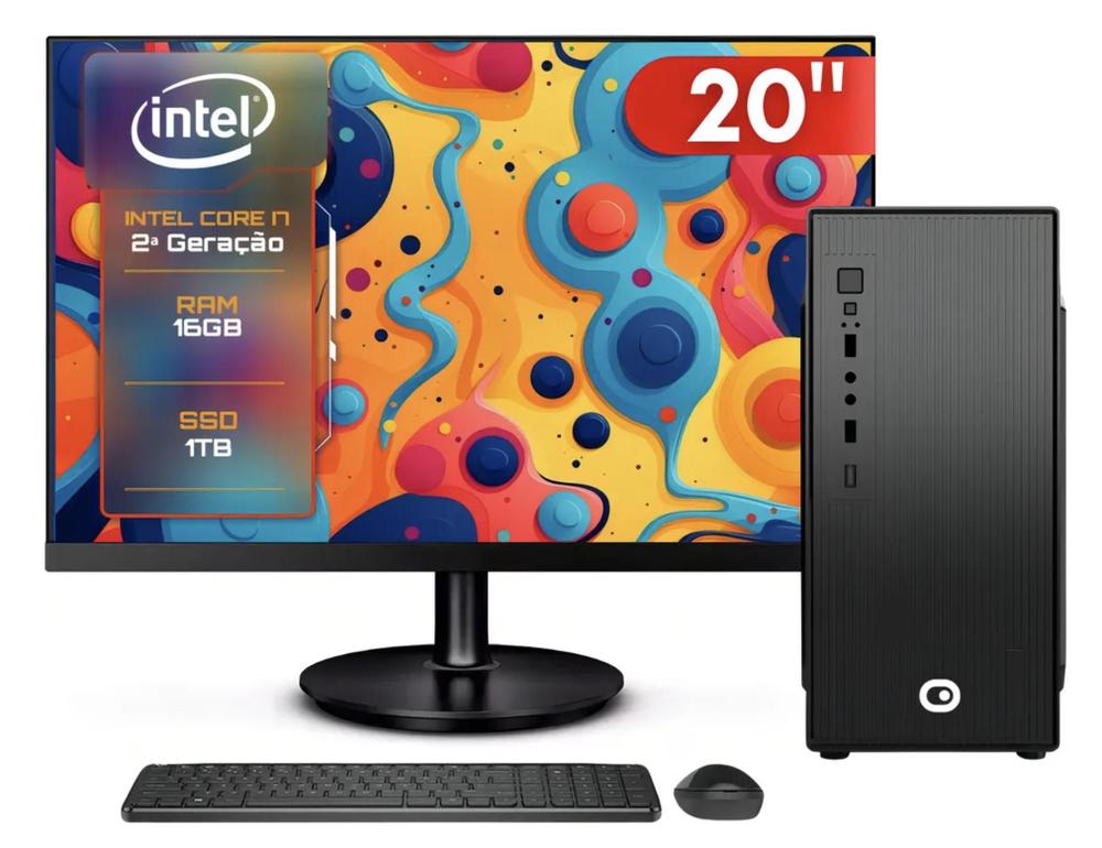Computador Completo Intel Core i7, 16GB RAM, SSD 1TB, Monitor 20 LED, Windows 11 e Pacote Office - Clique PC