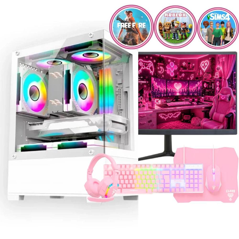 Computador Gamer Completo Branco Intel i5 Memoria Ram 16GB SSD 240GB Monitor Kit Periféricos Rosa -...