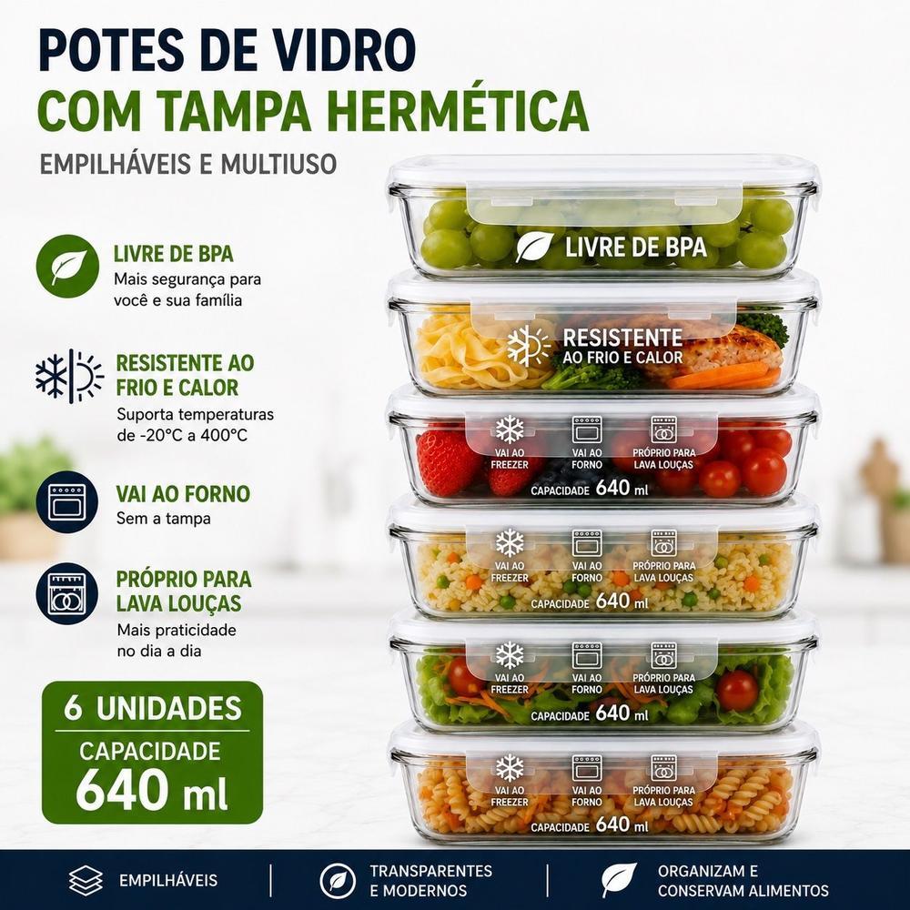 Conjunto de 06 Potes de Vidro 640ml Tampa Hermética com Trava Fitnes Marmita Organizador pode ir no... - foto 2