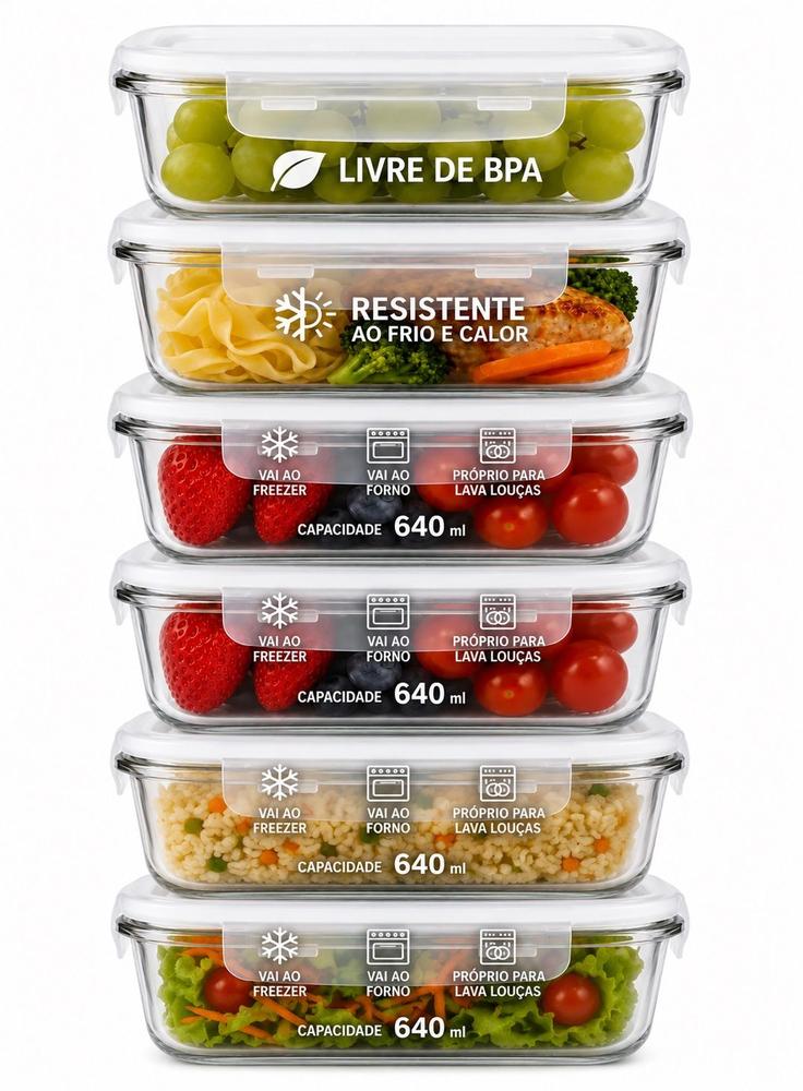 Conjunto de 06 Potes de Vidro 640ml Tampa Hermética com Trava Fitnes Marmita Organizador pode ir no...
