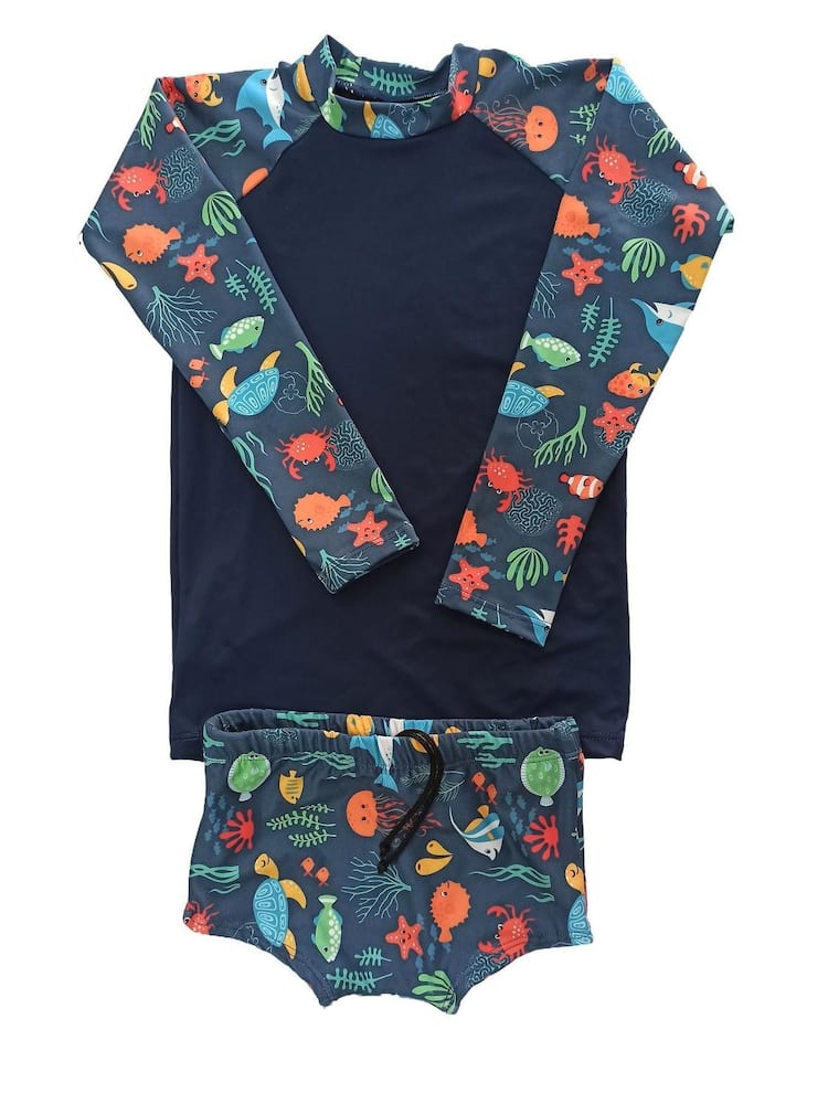 Conjunto de praia infantil menino proteção UV - camiseta raglan e sunga boxer 0 a 16 anos
