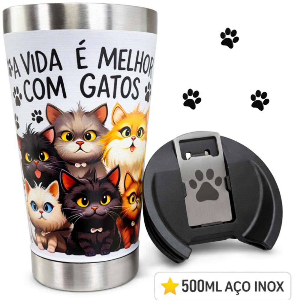 Copo Térmico Personalizado 360 Gatos 500 ml Qualidade Premium Gravado UV Presente Amantes de Gatos - Copo...