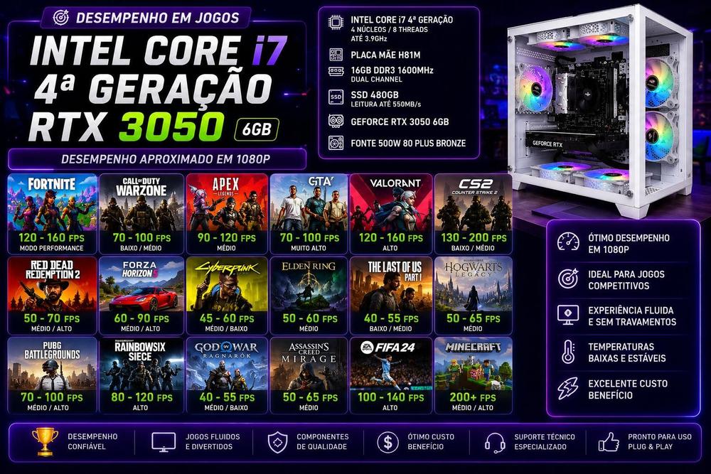 Cpu Pc Gamer I7 3.4ghz 16gb Ssd 480gb 500w Rtx 3050 6gb - Option Soluções