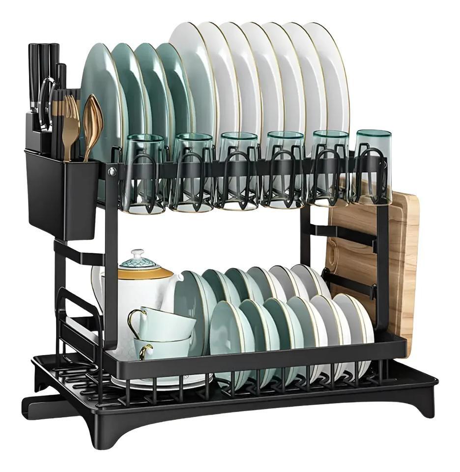 Escorredor de Louça Completo Aço Carbono Organizador Escorredor de Pratos, Suporte para Talheres, Copos, Tábuas, Facas Bandeja Coletora dágua Dreno - ShopMassa