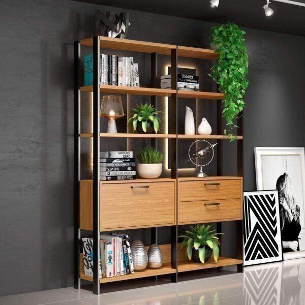 Estante de Livros Industrial 100% MDF 144CMX185CM 1 Porta 2 Gavetas Marrom/Freijó/Preto - Pradel Móveis