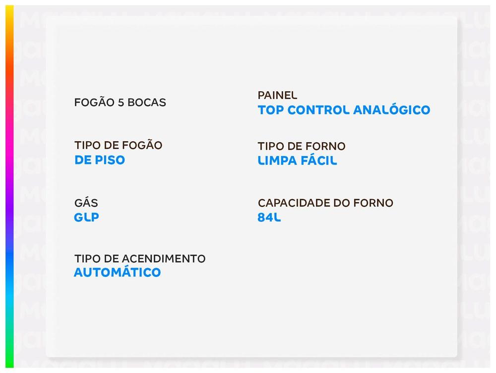 Fogão 5 Bocas Esmaltec Preto Mesa de Vidro Esmaltec Ideal Top Glass