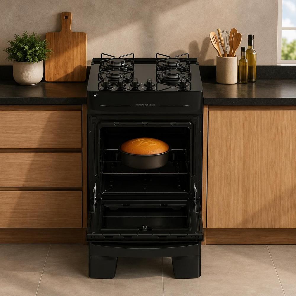 Fogão de Piso 4 Bocas Atlas Tropical Top Glass Preto Bivolt ,Mesa de Vidro, Acendimento Automático e Forno 48L - foto 3