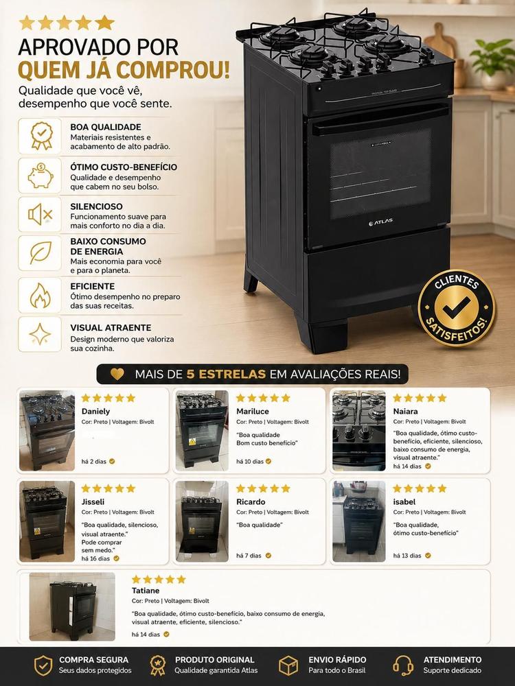 Fogão de Piso 4 Bocas Atlas Tropical Top Glass Preto Bivolt ,Mesa de Vidro, Acendimento Automático e Forno 48L - foto 2