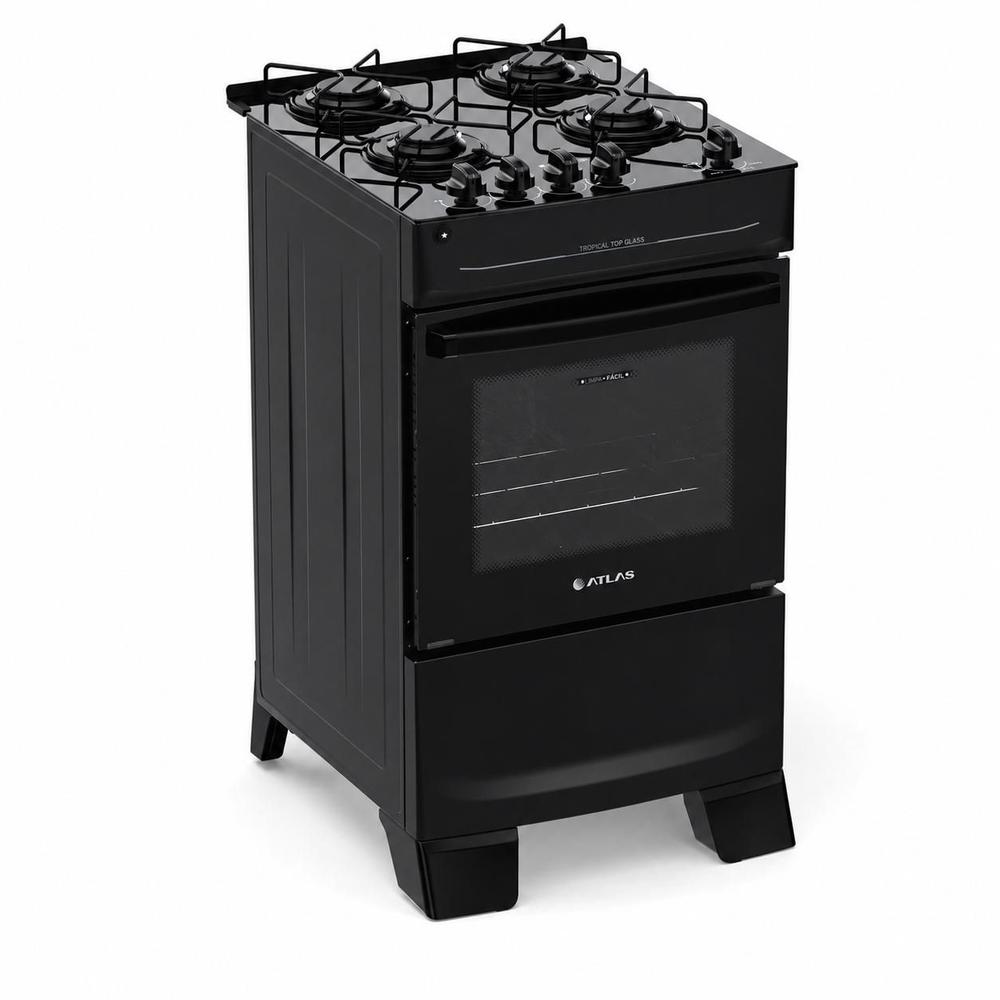 Fogão de Piso 4 Bocas Atlas Tropical Top Glass Preto Bivolt ,Mesa de Vidro, Acendimento Automático e Forno 48L