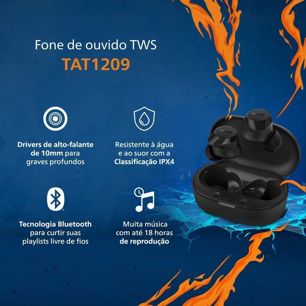 Fone de Ouvido Philips TAT1209BK TWS Preto Bluetooth Buds Academia Earbuds Fone Sem Fio Cancelamento de Ruído
