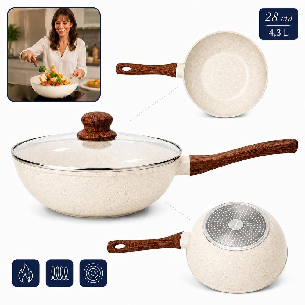 Frigideira Antiaderente Wok Em Cerâmica Grande Com Tampa Em Vidro Para Fogão De Indução E Gás 28cm 4,3...