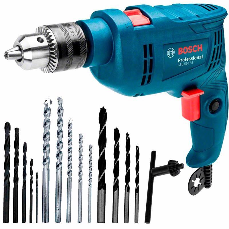 Furadeira de Impacto 1/2 POL 550W GSB550 RE com Reversão e Kit 14 Brocas BOSCH 110v