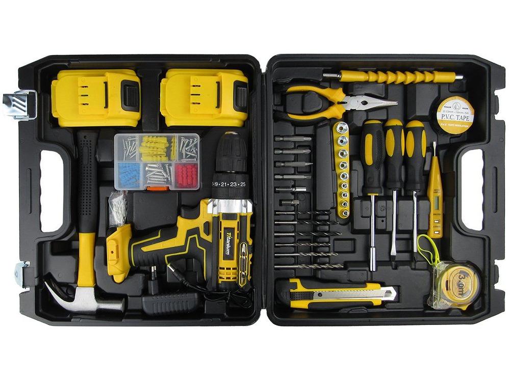 Furadeira e Parafusadeira de Impacto Titanium a Bateria 21V com Maleta 136 Peças Power Pro 136