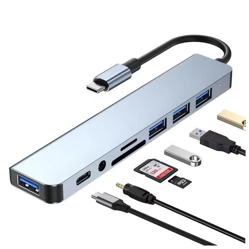 Hub p/Macbook USB e USB-C com Leitor SD/TF Áudio 3.5mm 8 em 1 Leitor Cartão SD e Micro SD