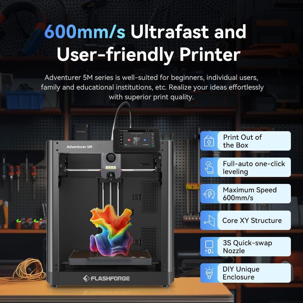 Impressora 3D FLASHFORGE Adventurer 5M com nivelamento automático 280C