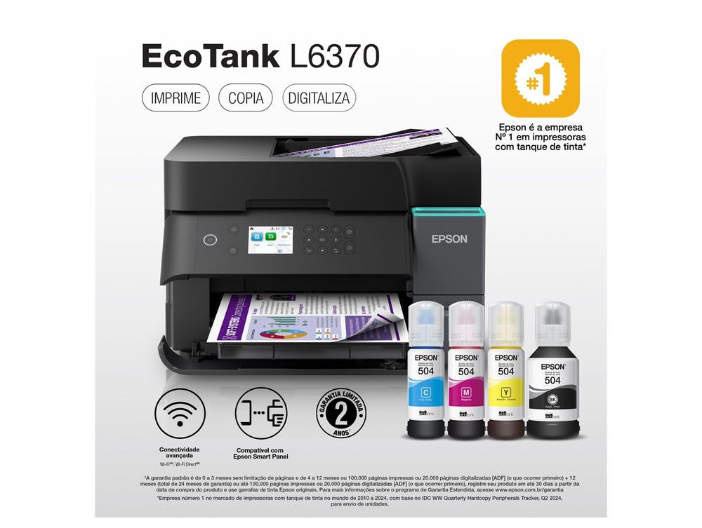 Impressora Multifuncional Epson EcoTank L6370 - Wi-Fi ADF + Garrafa Epson EcoTank T504 Preto