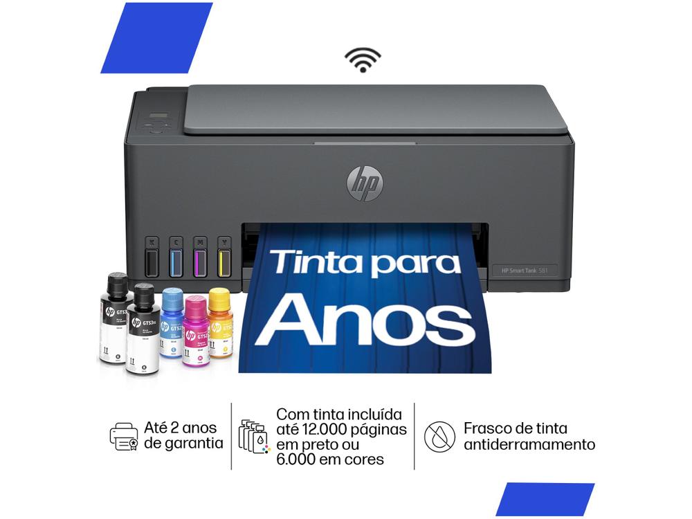 Impressora Multifuncional HP Smart Tank 581 Wi-Fi - Tanque de Tinta Colorida USB