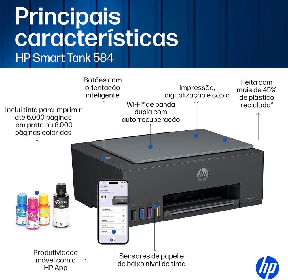 Impressora Multifuncional HP Smart Tank 584 Tinta Colorida Wifi USB Scanner Cinza Bivolt