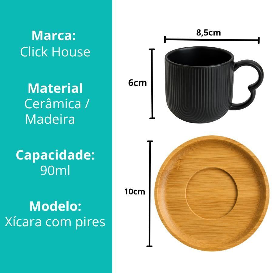 Jogo 4 Xícaras De Cerâmica Com Pires De Bambu 90ml Preto - Haüskraft - foto 5