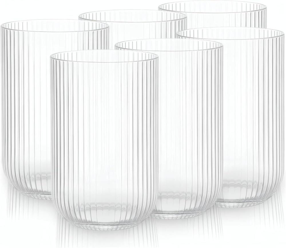 Jogo de 6 Copos de Vidro Canelado Transparente 450ml para Água, Suco e Bebidas - Importado