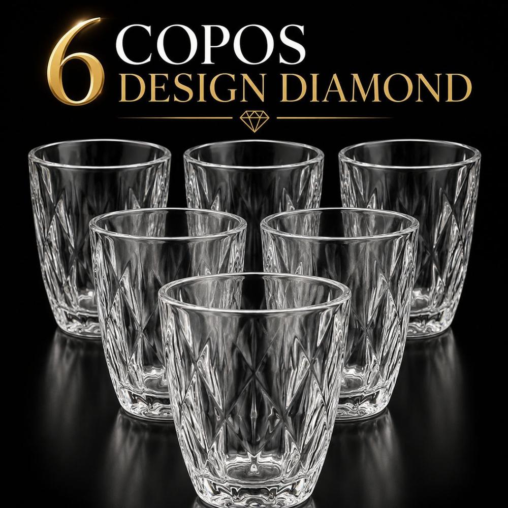 Jogo de Copos Diamante 300ml em Vidro Grosso Transparente  Kit com 6 Unidades