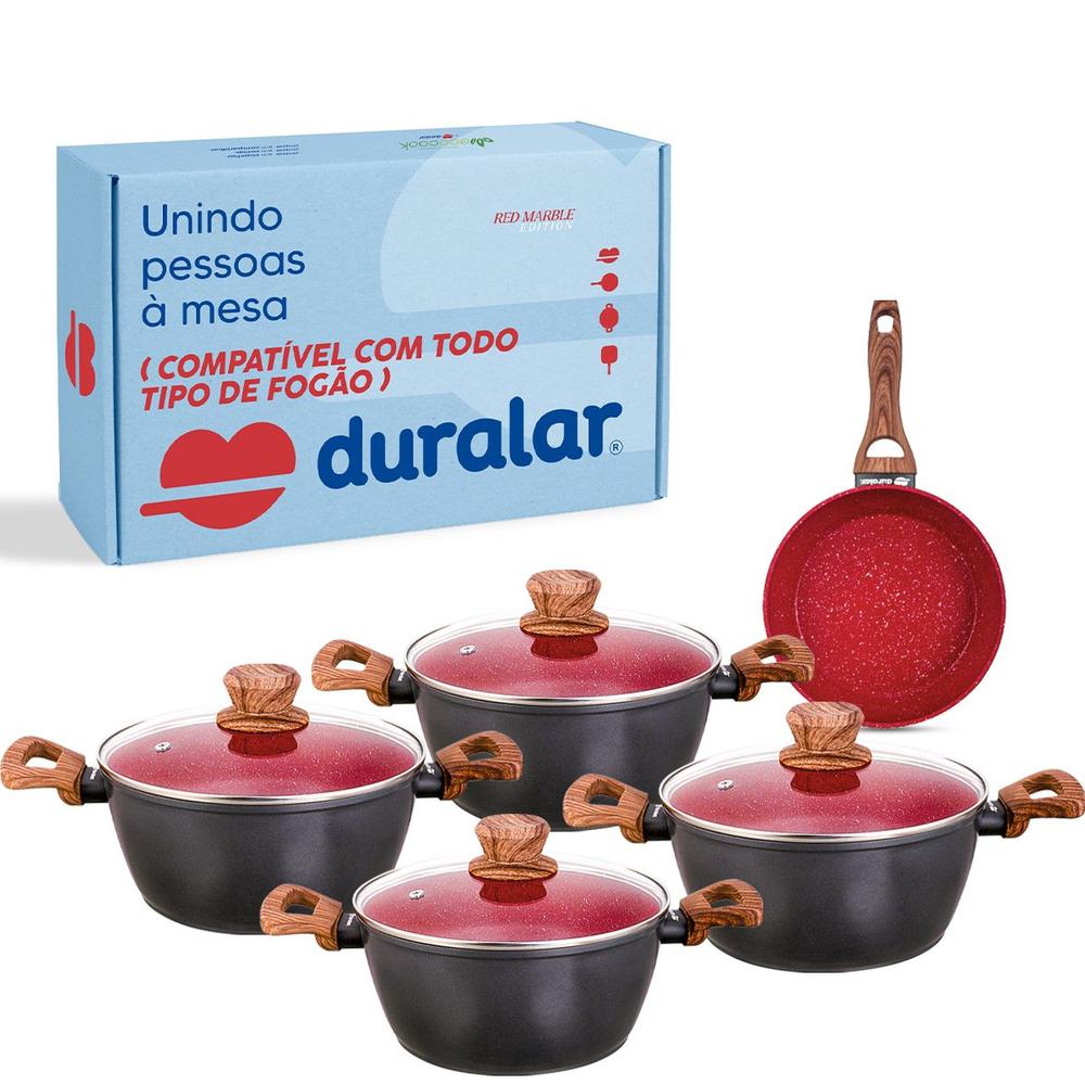 Jogo de Panela 5 Pç Cerâmica Antiaderente Red Marble Indução Fogão Cooktop Vermelho Duralar