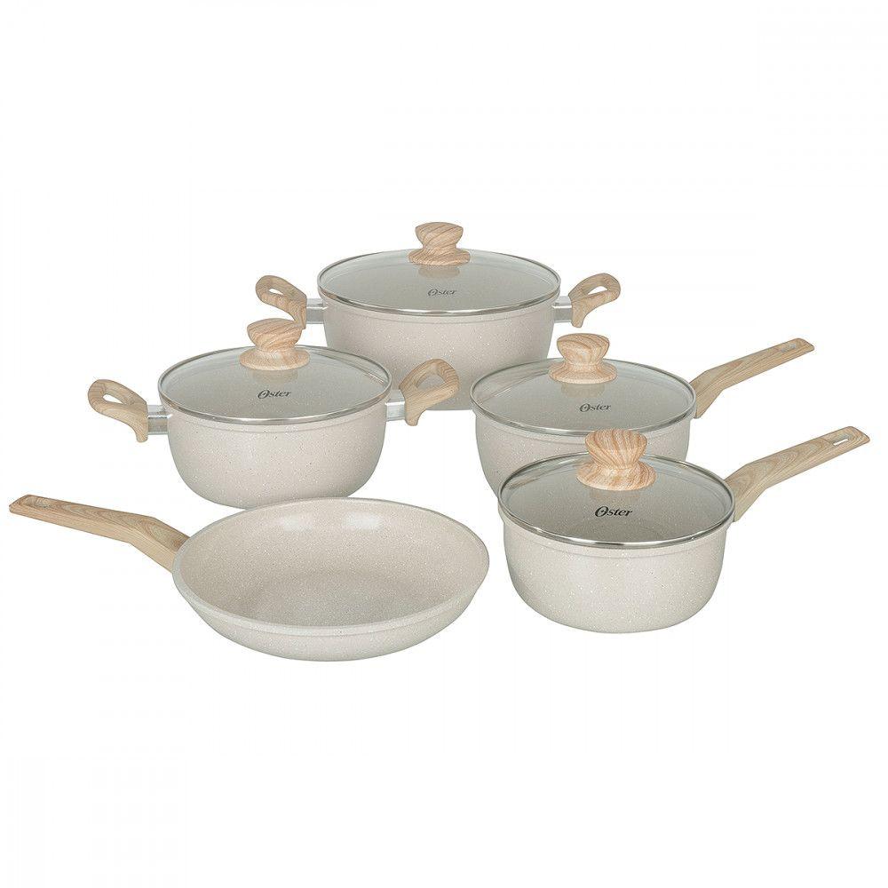 Jogo de Panelas Com 5 Peças Oster Marble Life Cerâmico Antiaderente - Cream