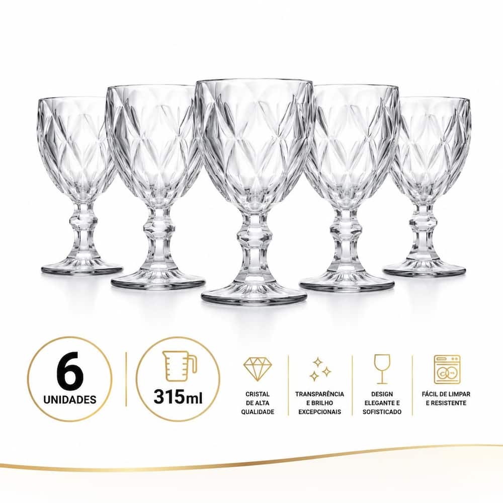 Jogo Taças Transparentes 315 ml 6 Unidades Cristal Suco Agua Vidro Transparência Impecável diamante - Dyanna