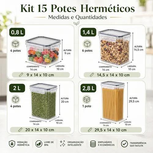 Kit 15 Potes Herméticos Empilháveis Porta Mantimentos Transparente - Olinda - foto 2