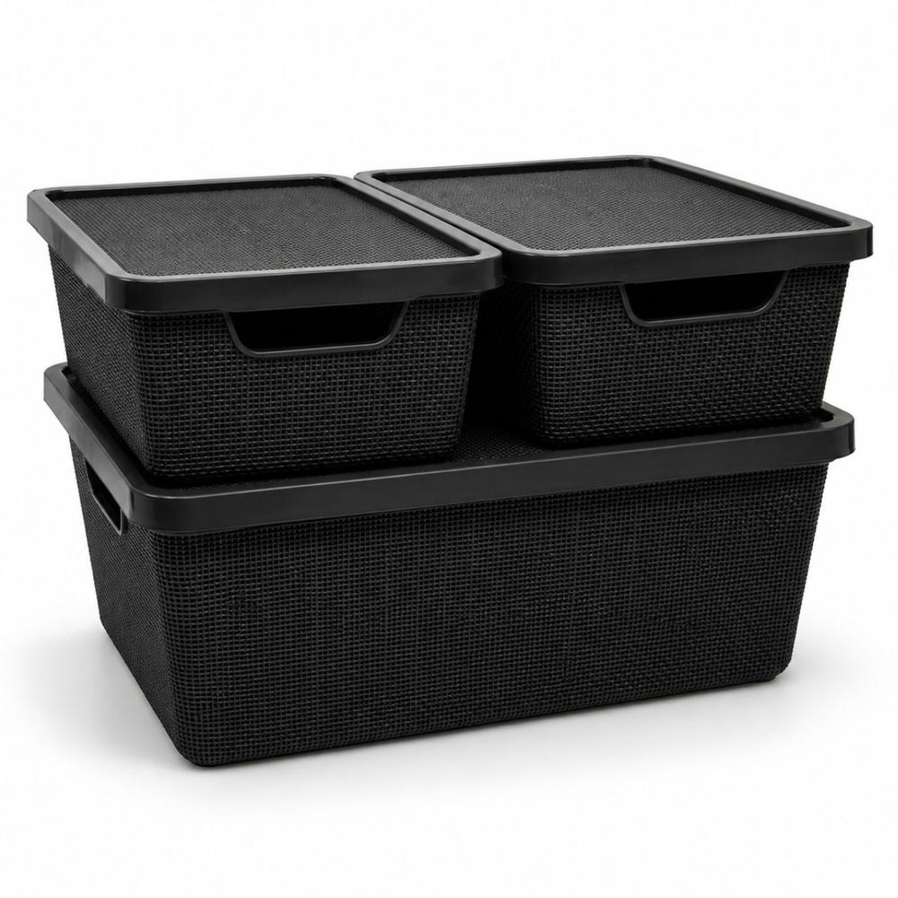 Kit 3 Caixa Organizadora Cesto com tampa grande Caixas em plástico 6L 16L Preto - Leevlar