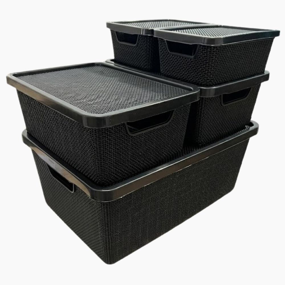 Kit 5 Caixa Organizadora Cesto com tampa grande Caixas em plástico 2L 6L 16L Preto - Arqplast