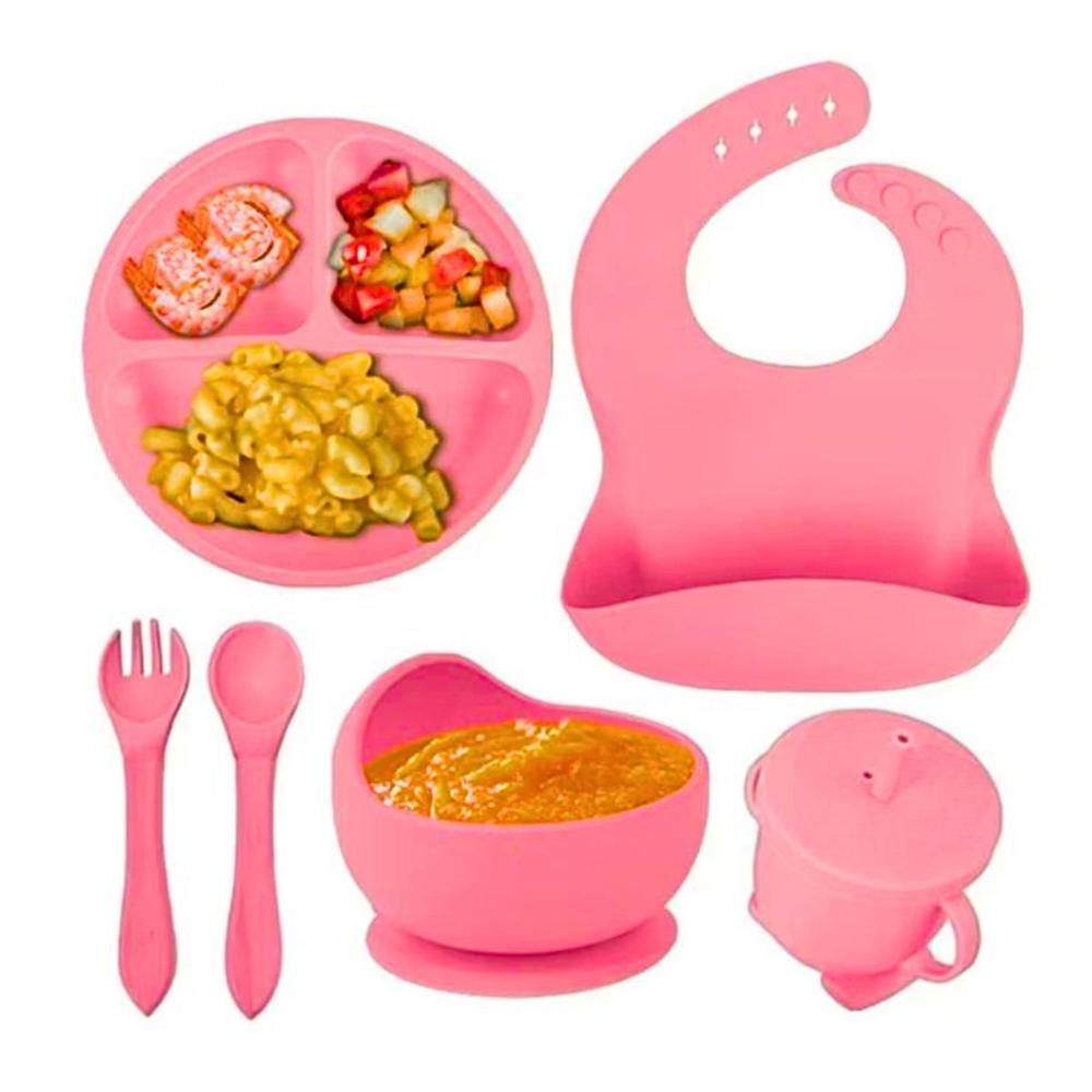 Kit 6 Louças Refeição Bebê Silicone Colher Pratinho Babador Infantil Ventosa