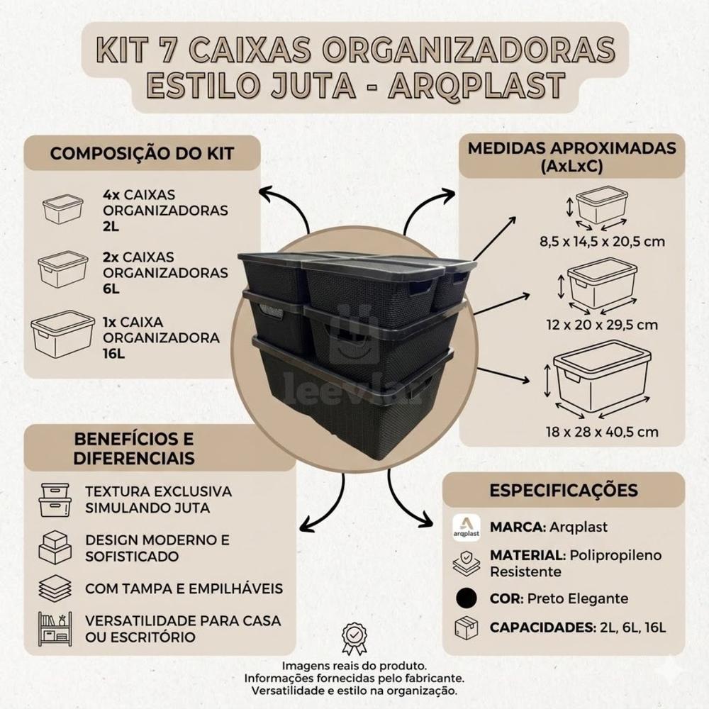 Kit 7 Caixa Organizadora Cesto com tampa grande Caixas em plástico 2L 6L 16L Preto - LeevLar - foto 3