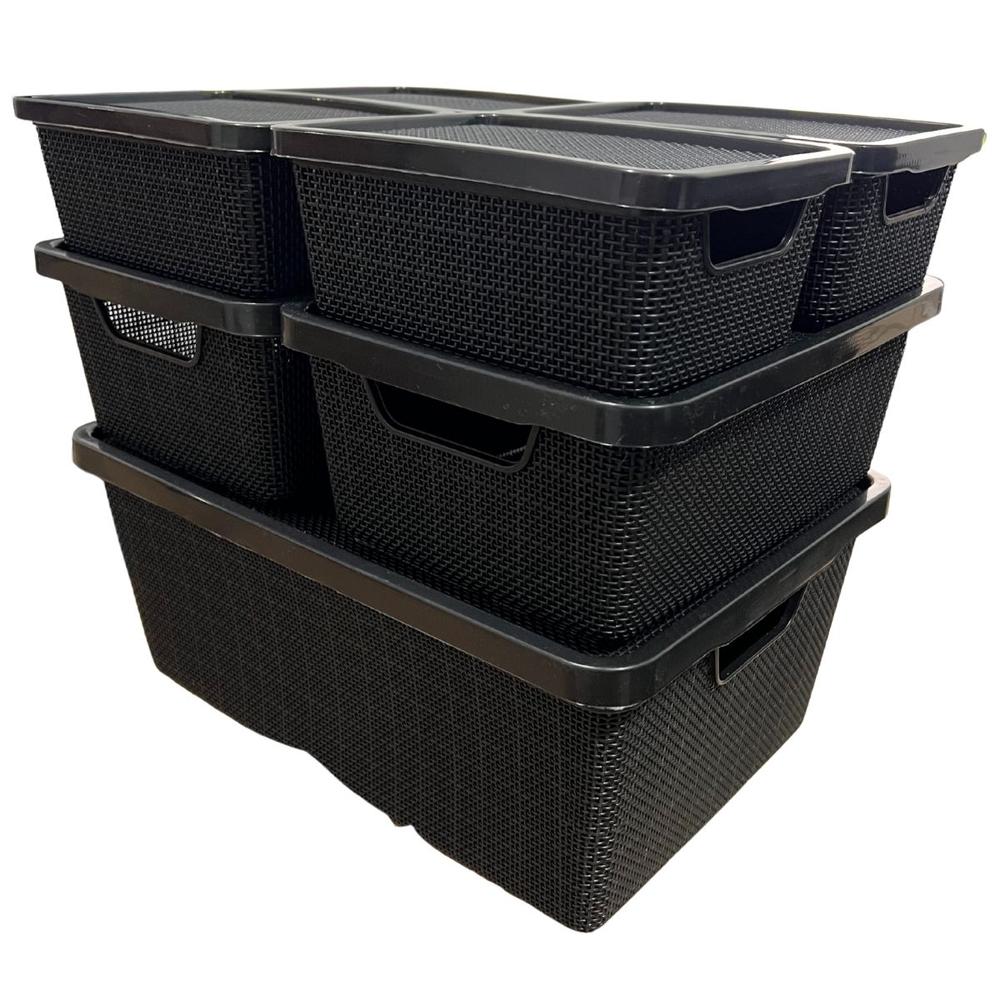 Kit 7 Caixa Organizadora Cesto com tampa grande Caixas em plástico 2L 6L 16L Preto - LeevLar - foto 4
