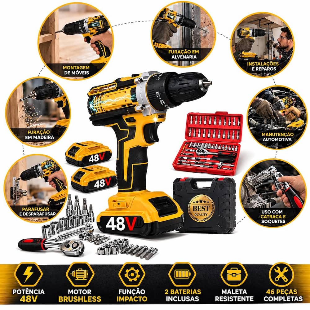 Kit 75 Peças Parafusadeira Furadeira De Impacto 48V 120 N.M. Jogo Catraca Reversível Profissional 2...