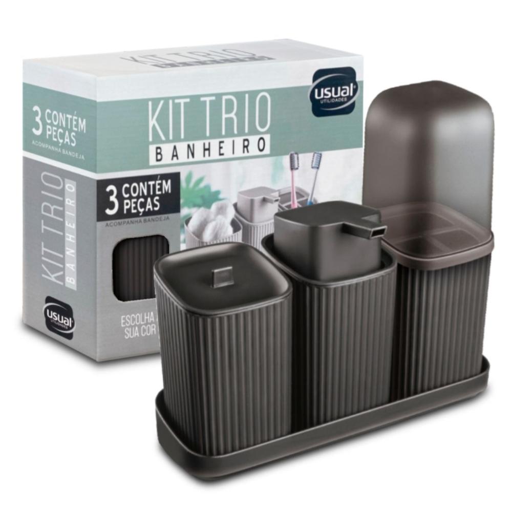Kit Banheiro 3 Peças Lavabo Porta Algodão e Sabonete Líquido com Dispenser, Estojo Dental e Bandeja -...