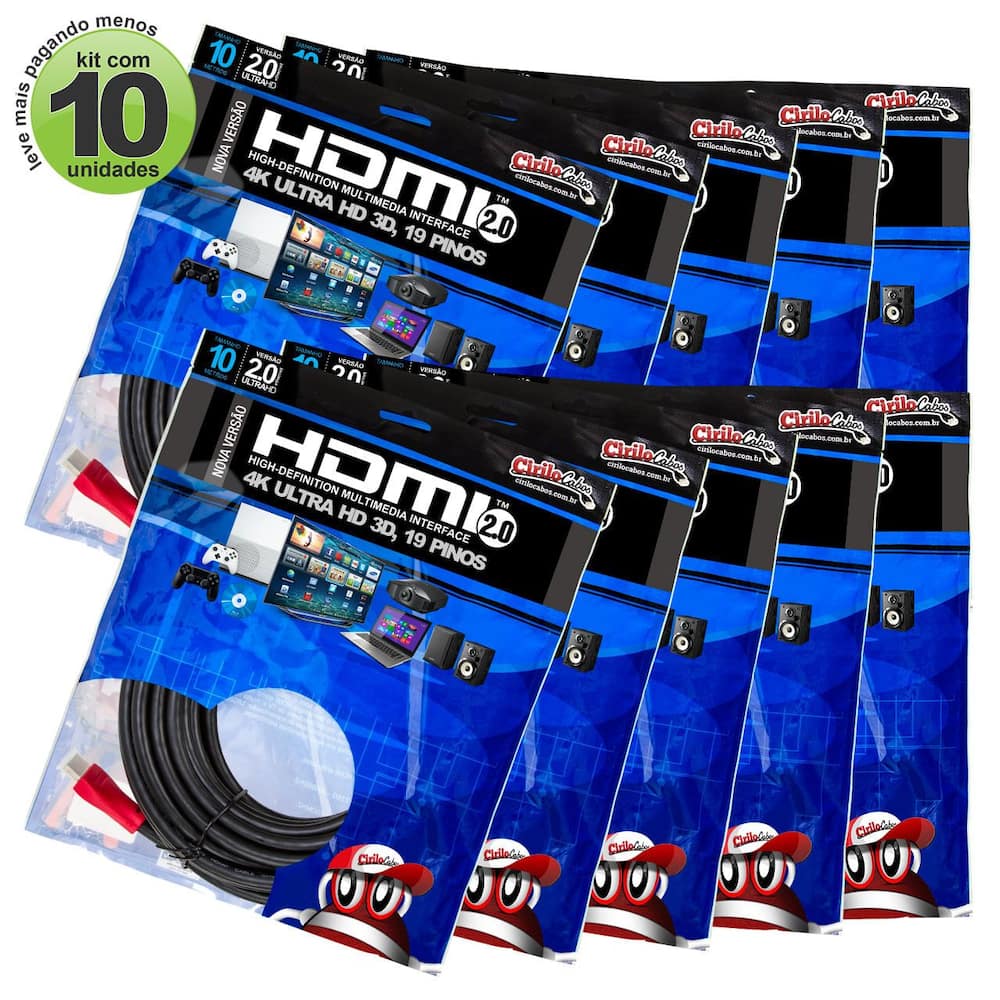 Kit com 10 Cabos HDMI 2.0 Premium Ultra HD 4K, Cirilo Cabos - 10m