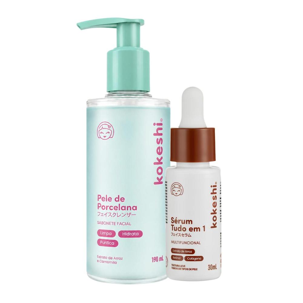 Kit Sabonete Facial e Sérum tudo em 1 Pele de Porcelana Rotina Prática
