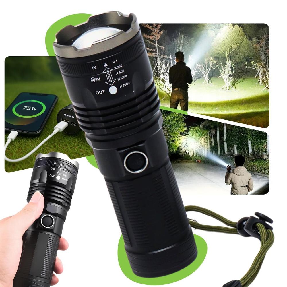 Lanterna Tática Militar 2 km Mais Forte Do Mundo Led Potente Caça Camping Com Power Bank