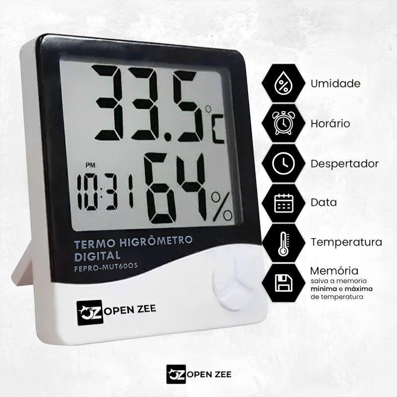 Medidor de Umidade e Temperatura Digital Termo Higrômetro Com Relógio Despertador e Data - OPEN ZEE