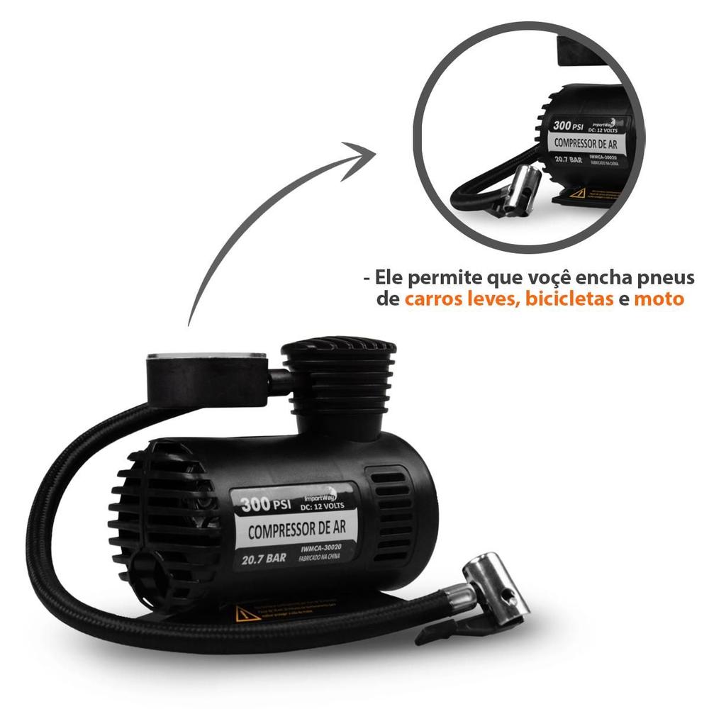 Mini Compressor Ar 300psi 12v P/ Pneu Carro Moto Bicicleta