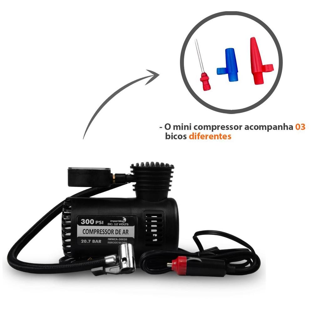 Mini Compressor Ar 300psi 12v P/ Pneu Carro Moto Bicicleta