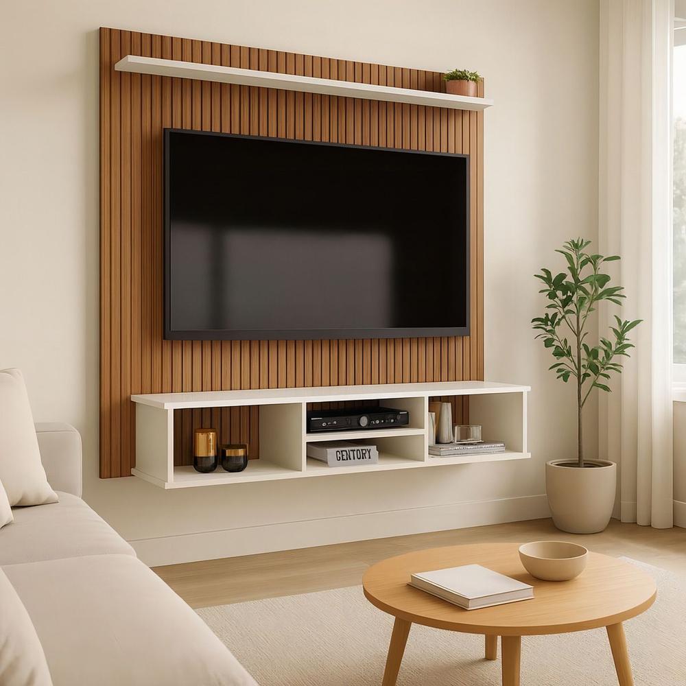 Painel Home Ripado 3d Suspenso Grande Tv Até 50 Polegadas Off White
