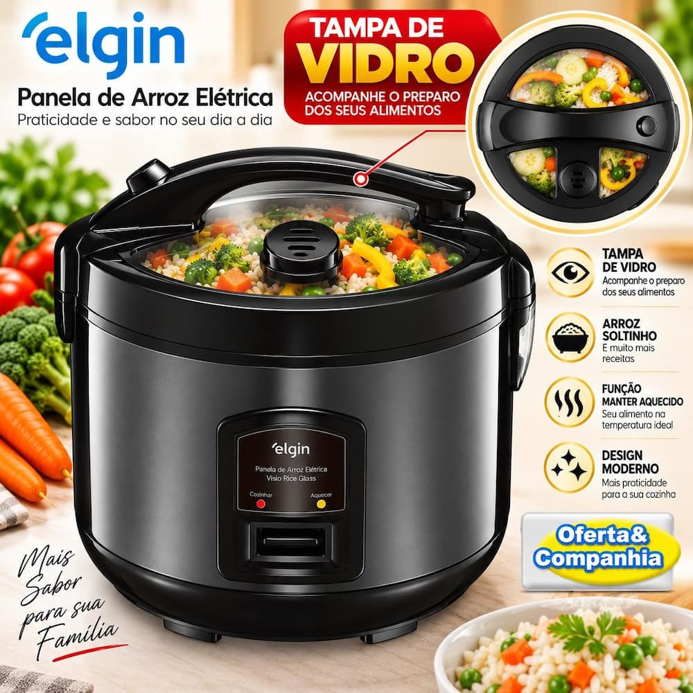 Panela De Arroz Elétrica Elgin 5 Xicaras 2L Tampa de Vidro 400W