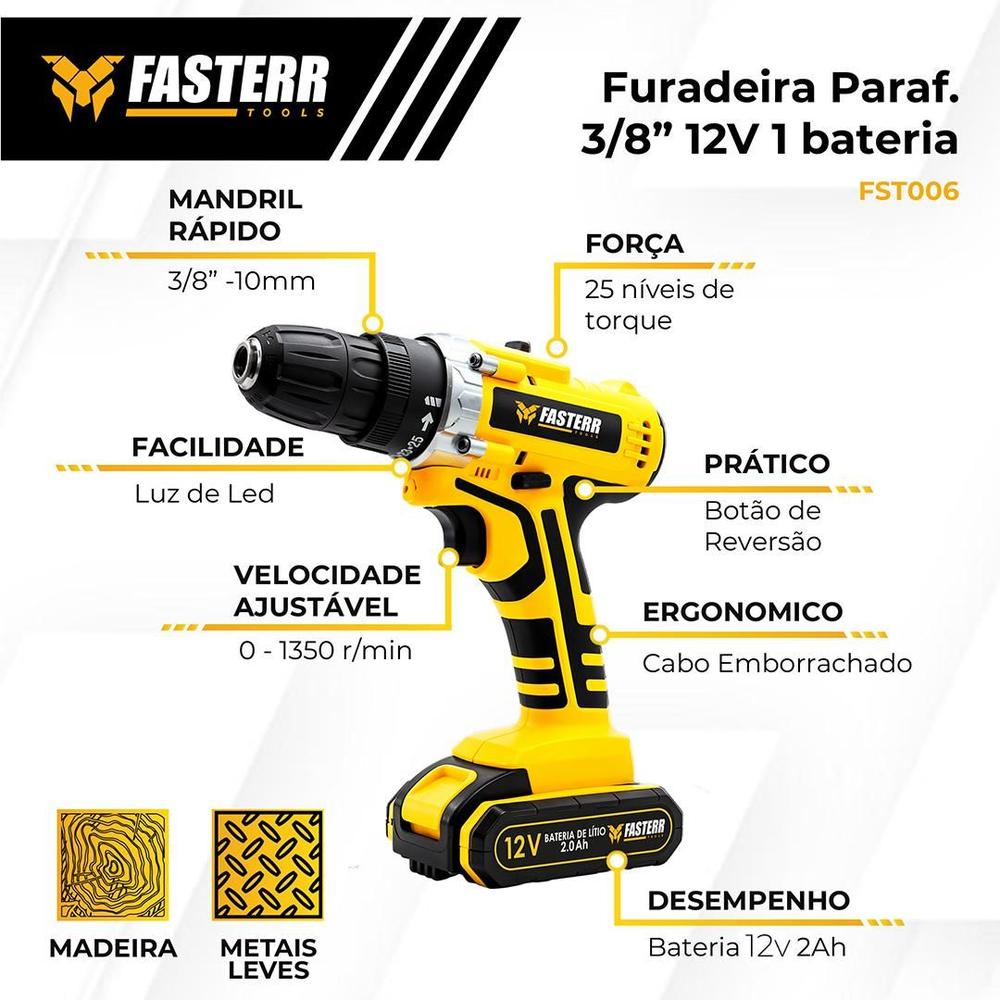 Parafusadeira Furadeira 12V Com 1 Bateria, Maleta e 24 Acessórios Fasterr FST006