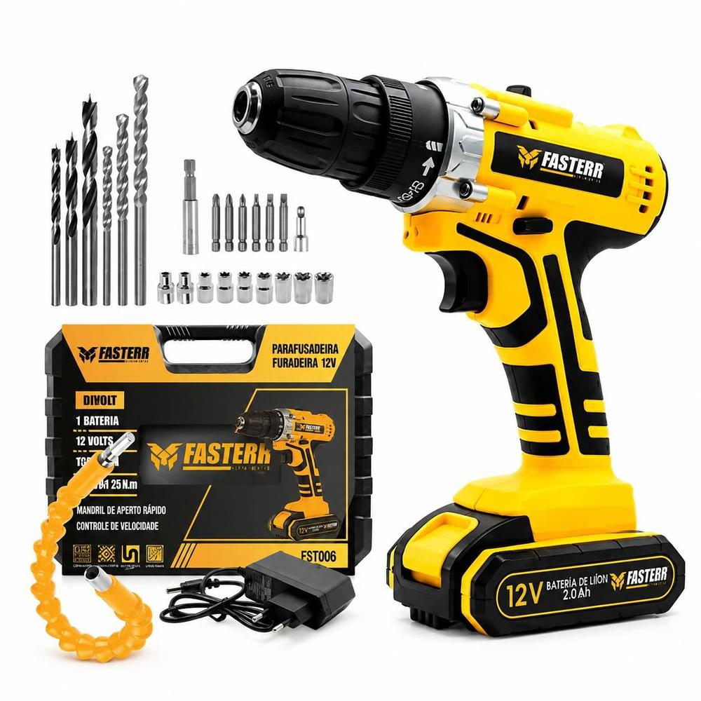 Parafusadeira Furadeira 12V Com 1 Bateria, Maleta e 24 Acessórios Fasterr FST006