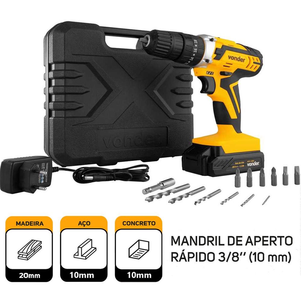 Parafusadeira Furadeira de Impacto 20v Sem Fio Com Maleta Broca e Bits PFV238I Vonder
