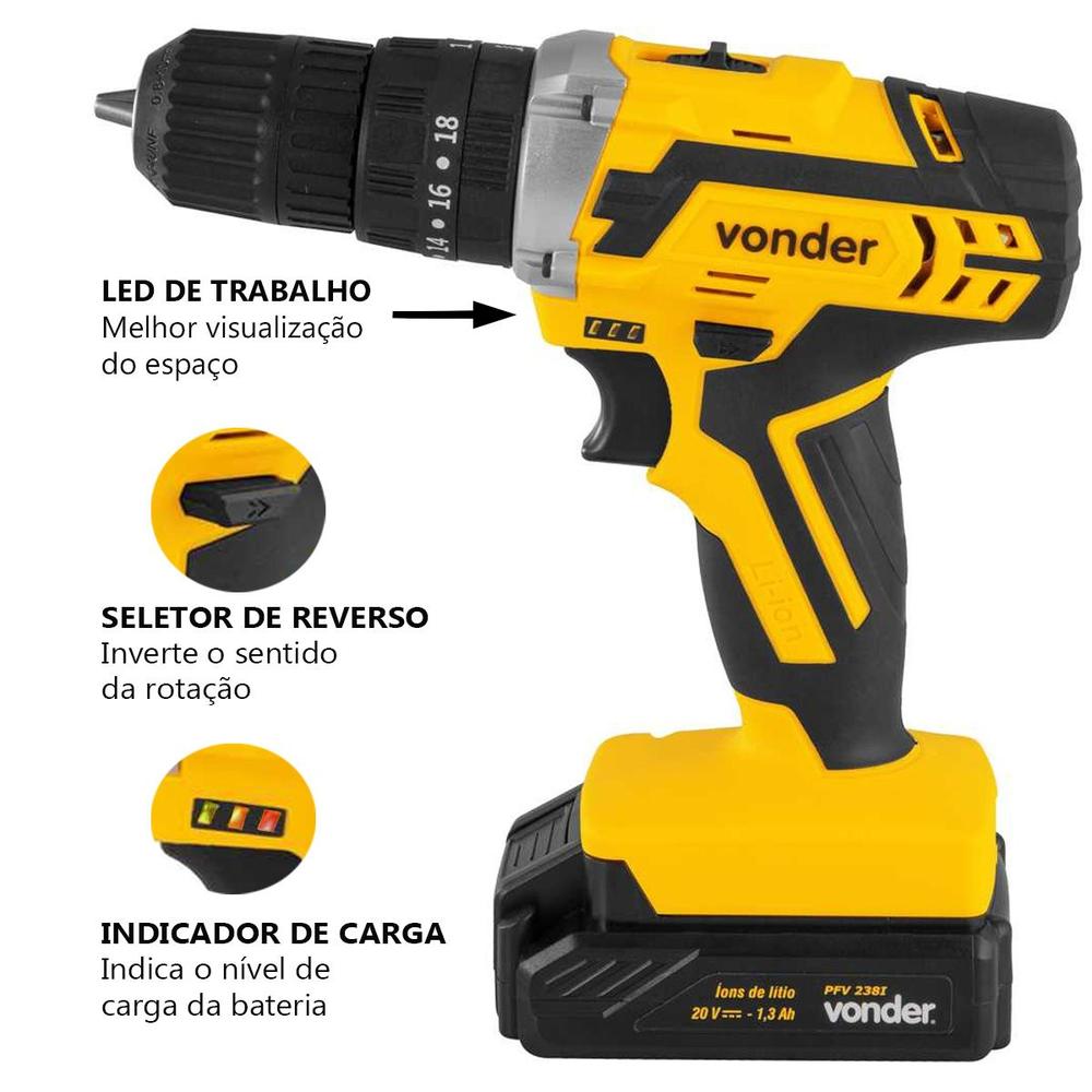 Parafusadeira Furadeira de Impacto 20v Sem Fio Com Maleta Broca e Bits PFV238I Vonder